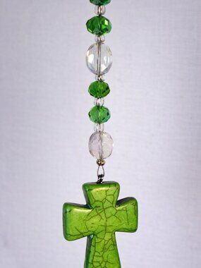 Green Cross Car Mirror Charm • Beaded Rearview Mirror Accessory • Handmade